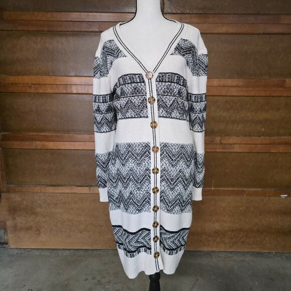 Lucky Brand Sweaters - Lucky Brand Long Cardigan Sweater M Ivory Black Fair Isle Boho Duster Soft Cozy
